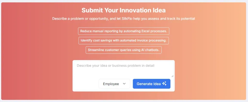 SilkFlo AI-powered innovation idea submission interface with text input field and Generate Idea button