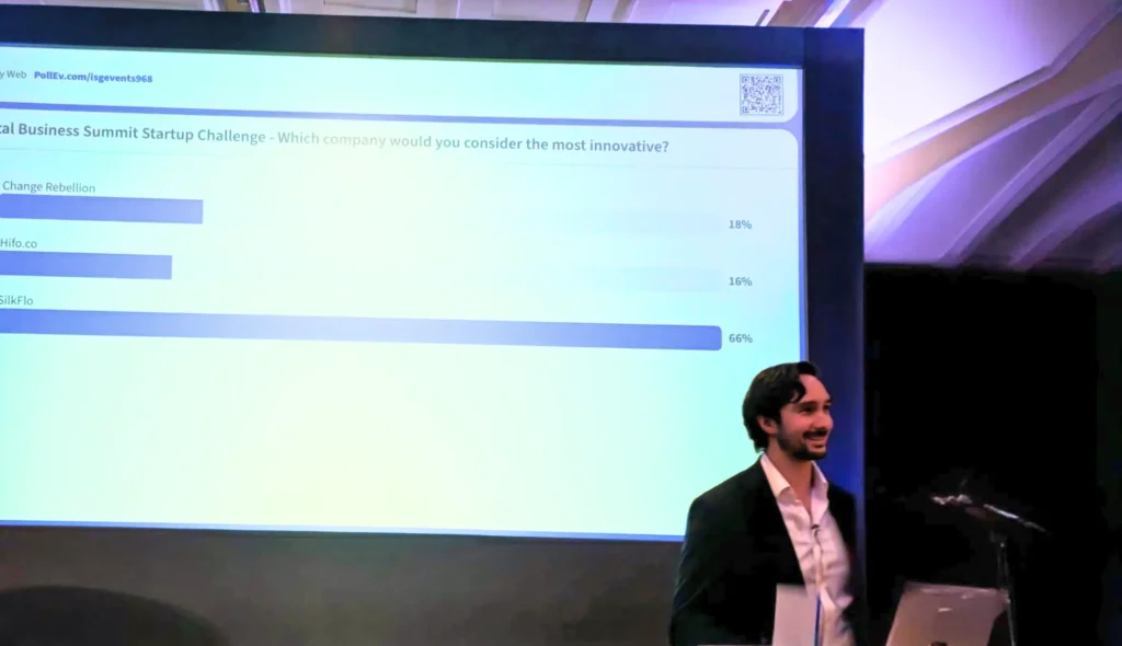 Alexander Leonida, founder of SilkFlo, pitching at the ISG Business Summit in London and winning the ISG Startup Challenge for Most Innovative Startup
